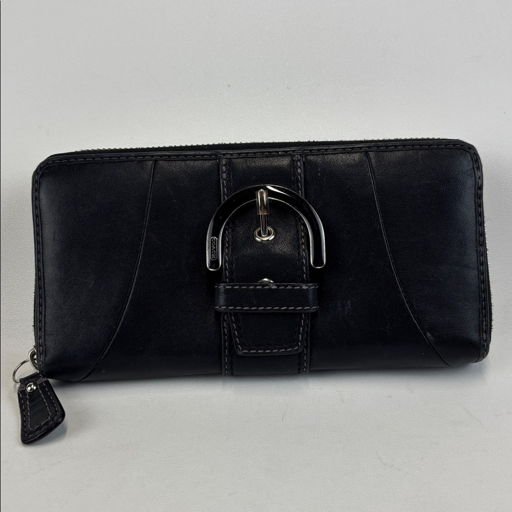 COACH Black Buckle Zip Around Leather Wallet